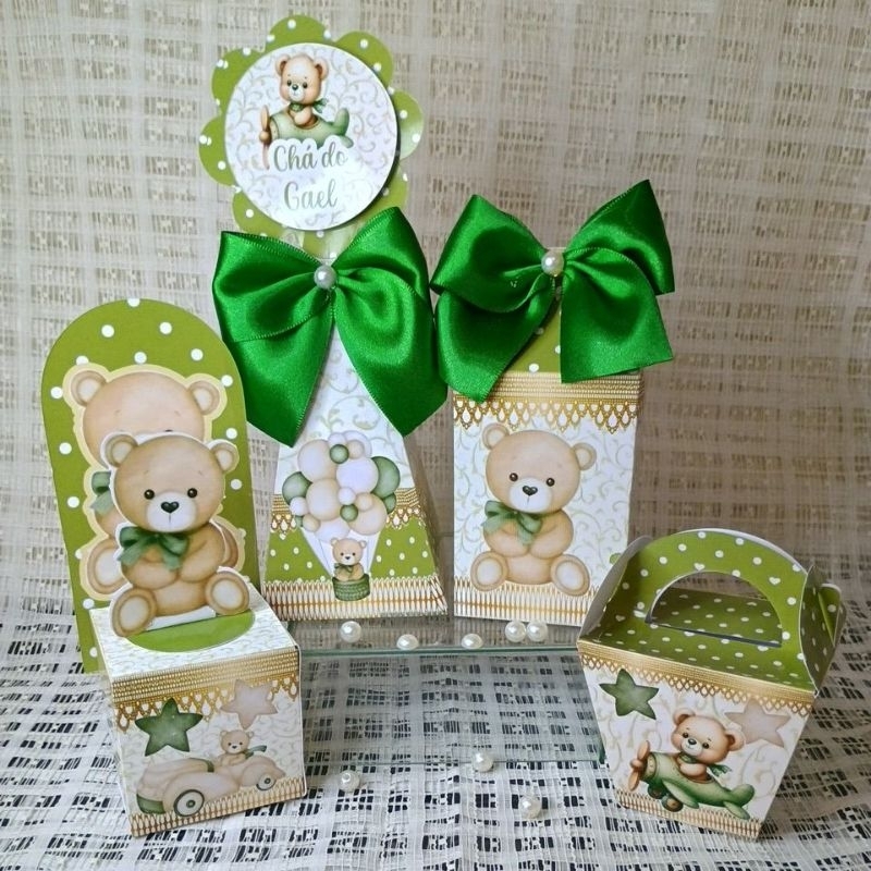 kit personalizados tema ursinho laço verde/kit personalizados pra festa/ caixinhas personalizadas/ chá de bebê.