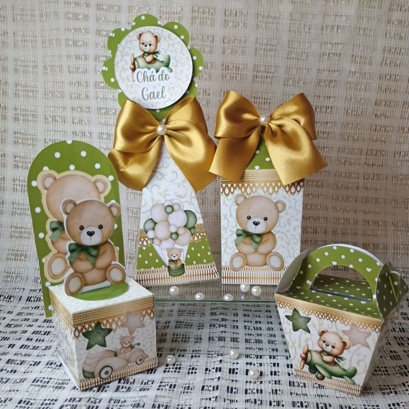 kit personalizados tema ursinho laço dourado/ kit festa infantil/ chá de bebê/ chá revelação/ caixinhas personalizadas