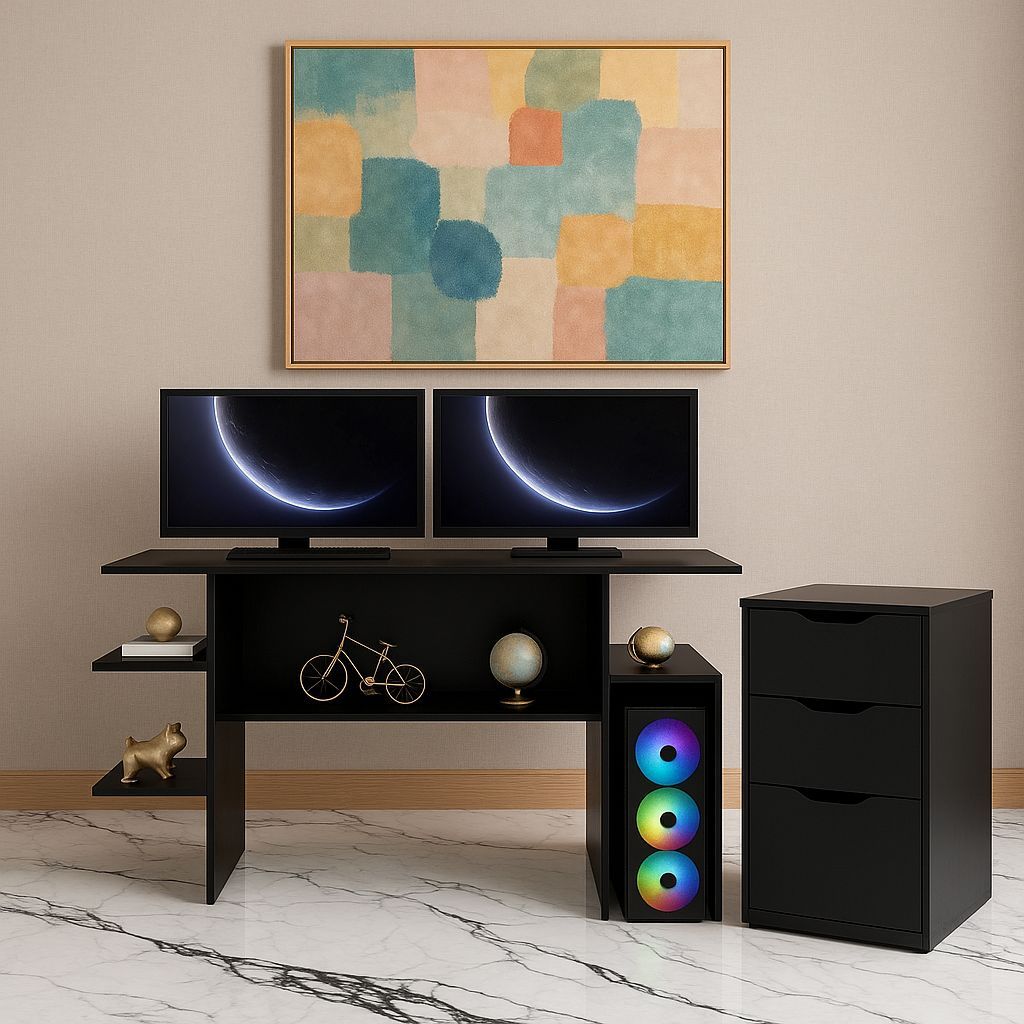 Conjunto Escrivaninha Gamer e Gaveteiro Multiuso com 3 Gavetas e sem Rodízios