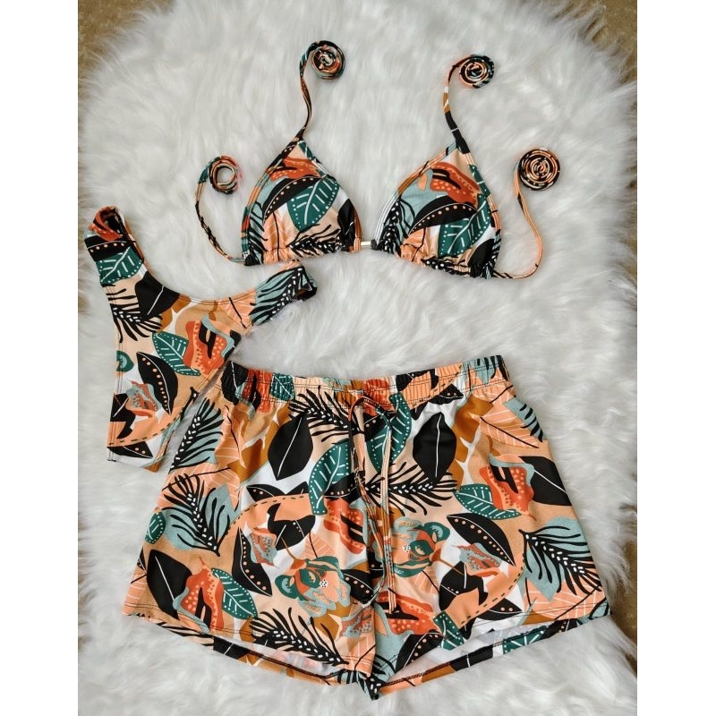 Biquíni com short  Moda Praia Feminino com Shorts e Bojo (pode tirar ) - Conjunto Triquíni Verão Plus Size P ao GG em Oferta na Shopee