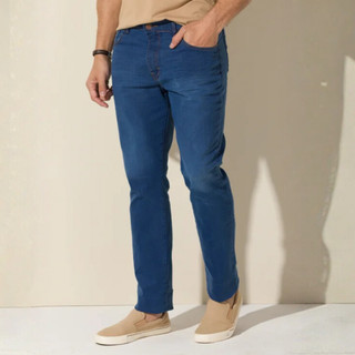Calça Masculina Jeans Tex Denim Escura Slim Elastano Botão Estonada Premium para Tradicional Reta