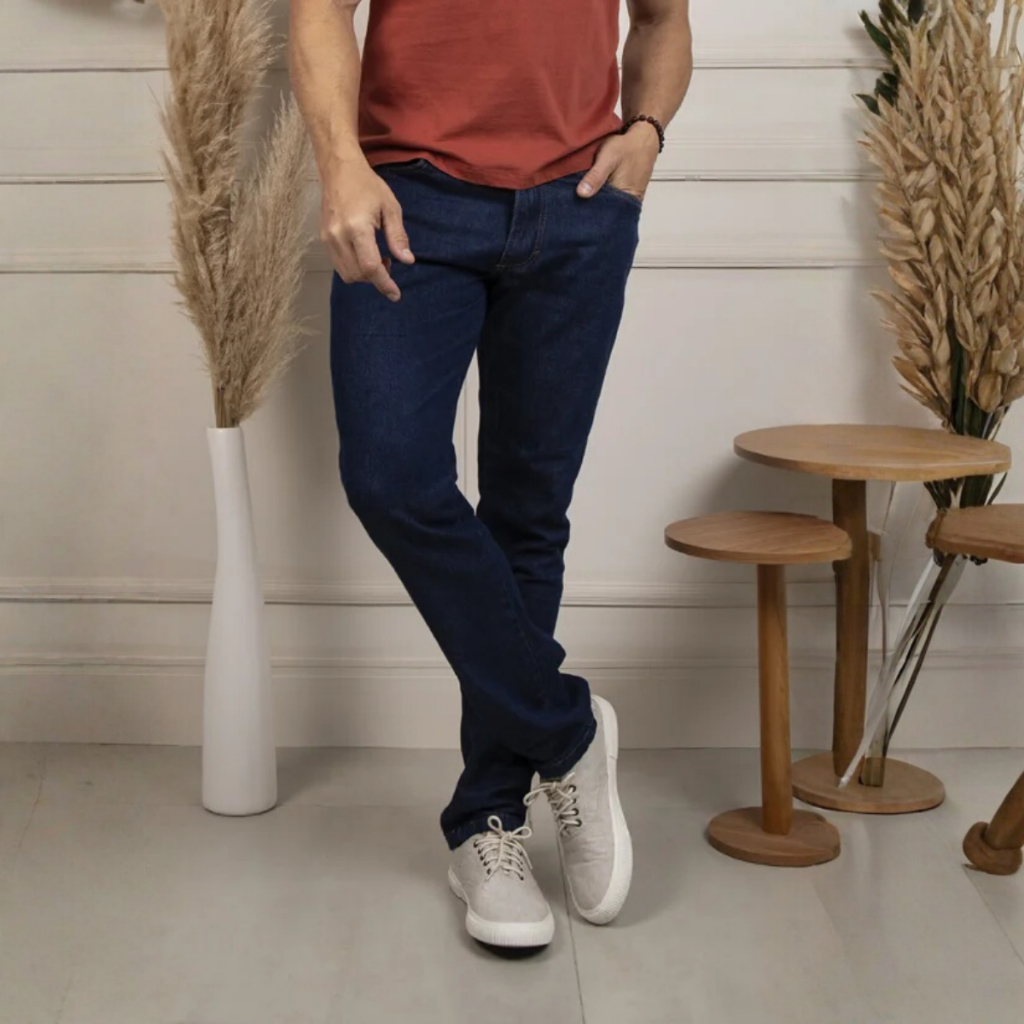 Calça Masculina Sarja Tex Slim Preta Botão Todas Estações Tradicional Sport Fino Bolsos Elastano