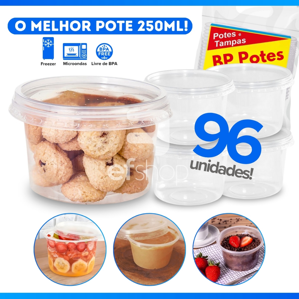 Kit 96 Potes Redondos de Plástico Pote Para Bolo 250ml Transparente Com Tampa Lacre