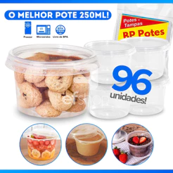 Kit 96 Potes Redondos de Plástico Pote Para Bolo 250ml Transparente Com Tampa Lacre