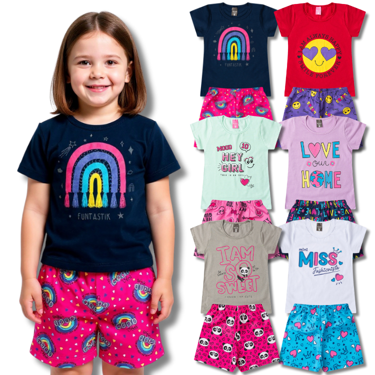 Kit Sortido Conjuntos Blusa e Shorts Tactél Coleção Feminino/Menina - Roupa de Verão Infantil
