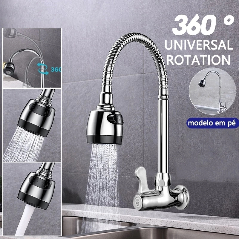 Inox Prata Torneira com chuveiro com rotação de 360° Cozinha Luxo Parede Promoção-JACKCELL