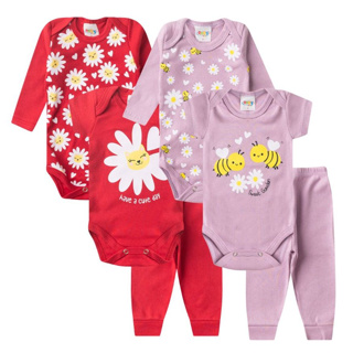 Kit 6 Pçs Body Bebê Menina Manga Curta + Manga Longa + Calça 100% Algodão P ao GG Estampas Sortidas em Oferta na Shopee