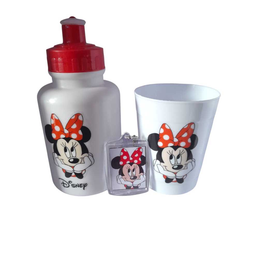 Kit Infantil Minnie Mouse c/ Garrafinha, Copo e Chaveiro – Estampa Vermelha e Branca, Festa Infantil, Lembrancinha