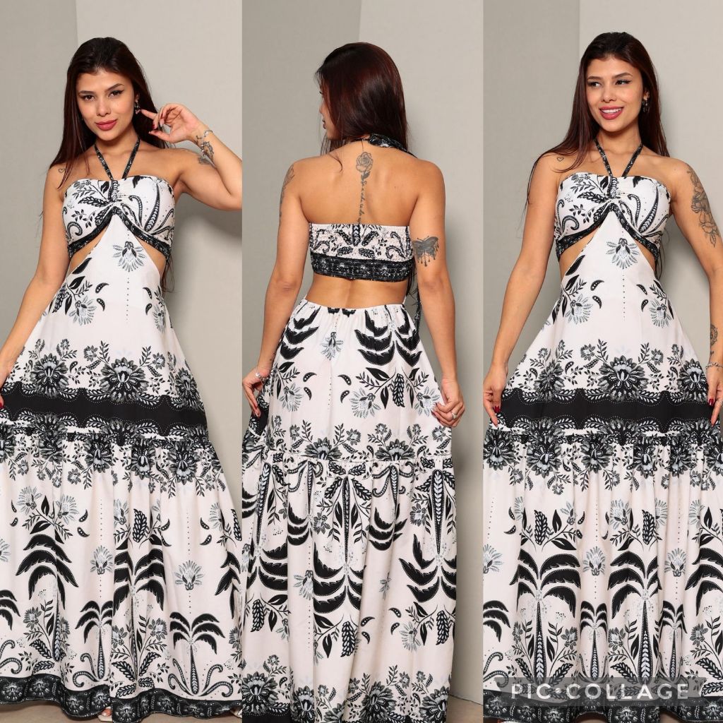 VESTIDO LONGO ESTAMPADO COM BOJO 4 FORMAS DE USAR Y ELASTEX NA COSTAS TROPICAL