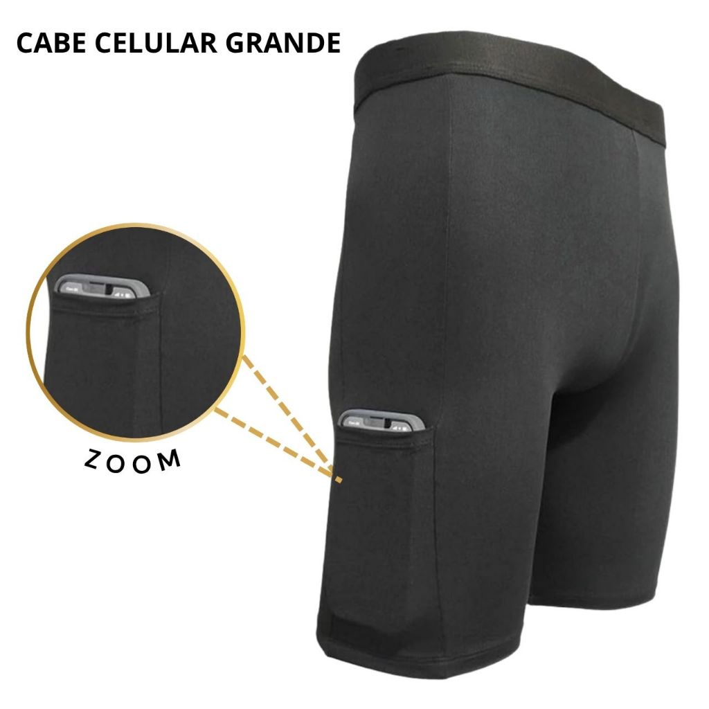 Bermuda Ciclista Corrida Térmica Masculina Com Bolso Lateral Segunda Pele Confortável Cor Preta