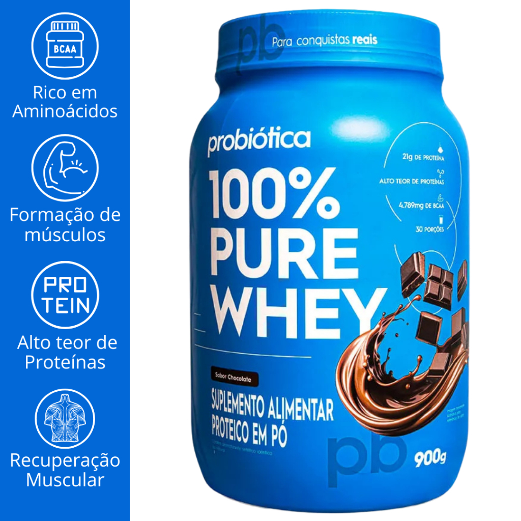 100% PURE WHEY POTE 900g SUPLEMENTO ALIMENTAR EM PÓ – PROBIÓTICA