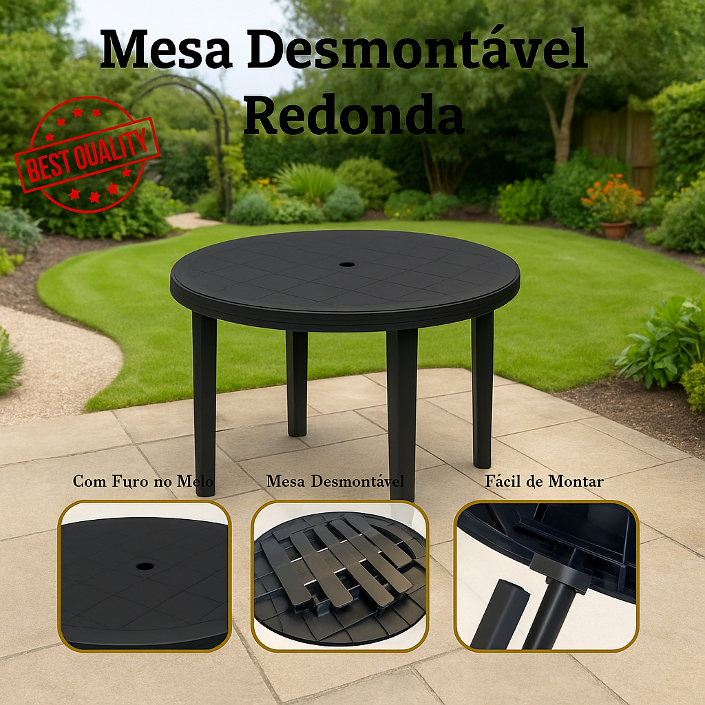 Mesa premiun Plástico Redonda Desmontável Jardim Preta Dobravel