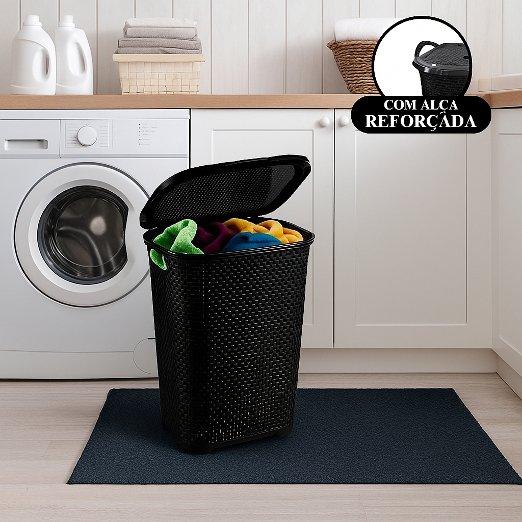 Cesto de Roupa Suja Rattan Grande  50 Litros com Tampa Basculada