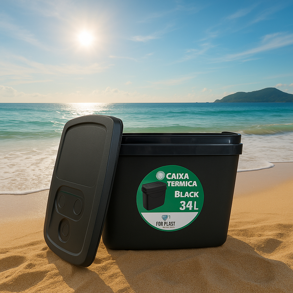 Caixa Cooler  Térmica 34 Litros For Plast Preta Com Alça Com Porta Copos Na Tampa Praia Camping