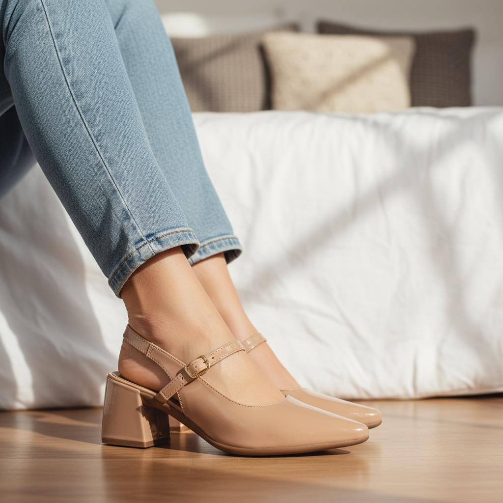 Sapato Feminino Slingback Verniz Salto 5cm Médio Grosso com Tira e Fivela Elastico Ajustavel Basicas em Oferta na Shopee