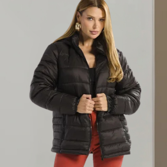 Jaqueta Feminina Nylon Bobojaco Forro Peluciado Impermeável Capuz Removível Puffer Bolso Frontal