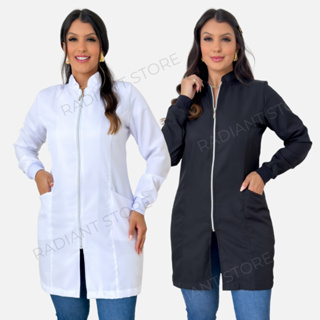 Jaleco Acinturado Gabardine Com Punho Gola Padre e Zíper em Oferta na Shopee