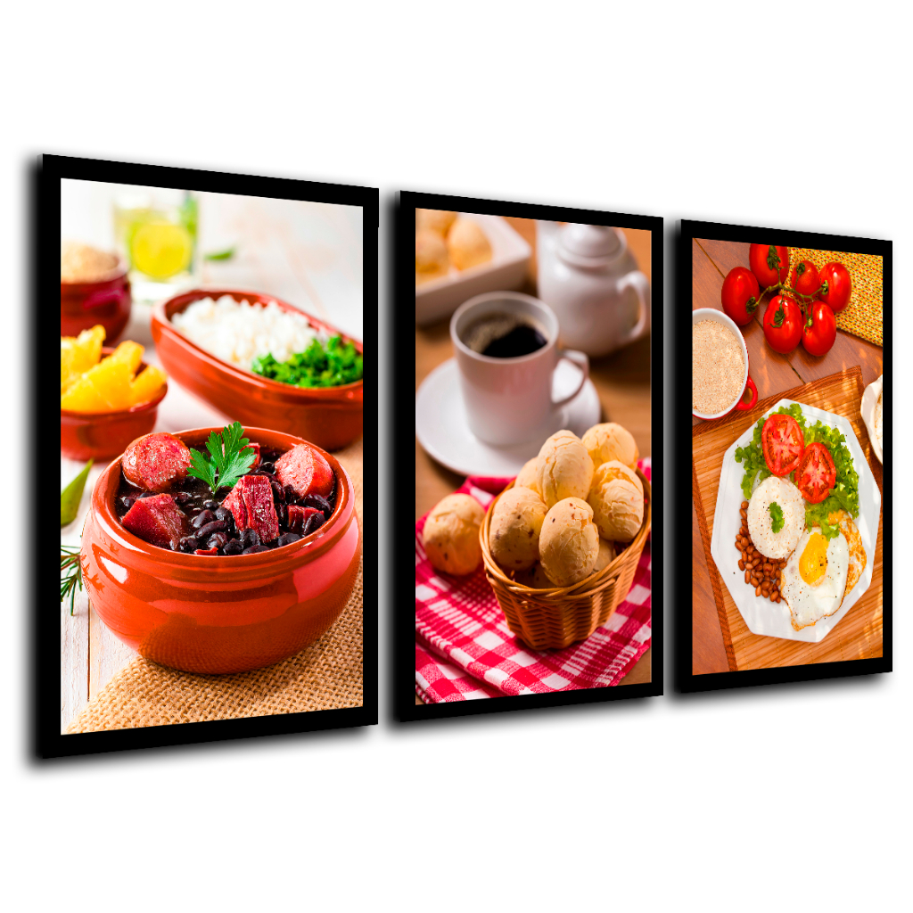 Kit Quadros Decorativos Cozinha Restaurante Xícara de Café Feijoada Comida Brasileira 60x120