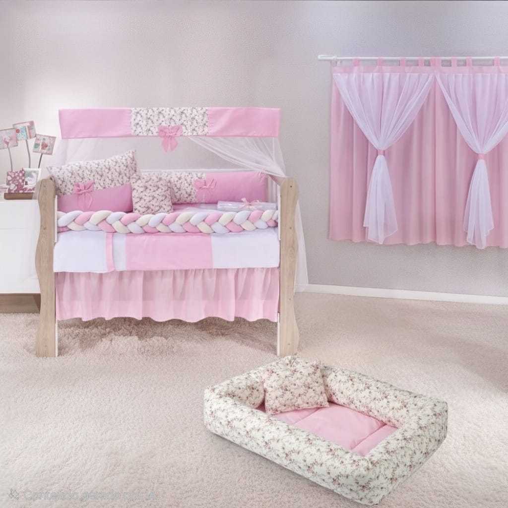 Kit trançado para menina berço americano + ninho redutor + cortina slim rosa