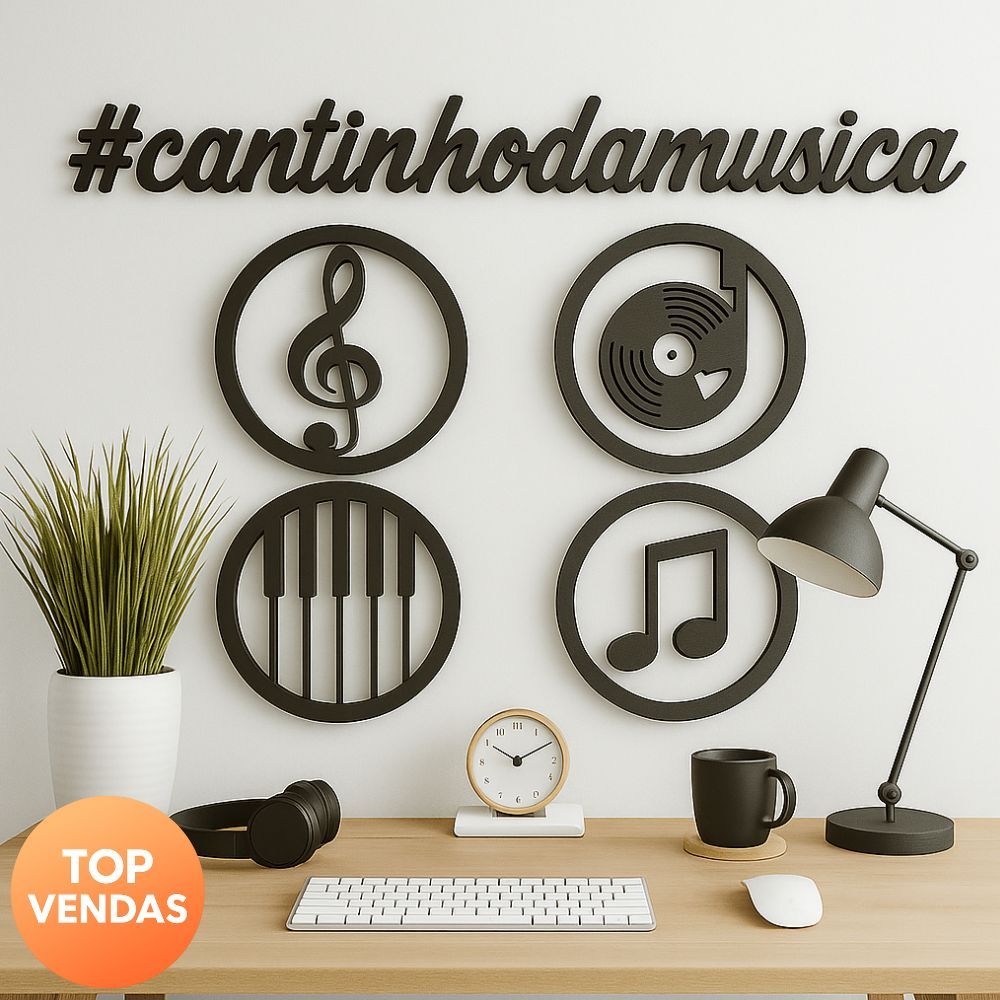 Kit 4 Quadros Musica Clave de Sol Teclado Piano Disco de Vinil Decorativo Parede Vazado Decoração