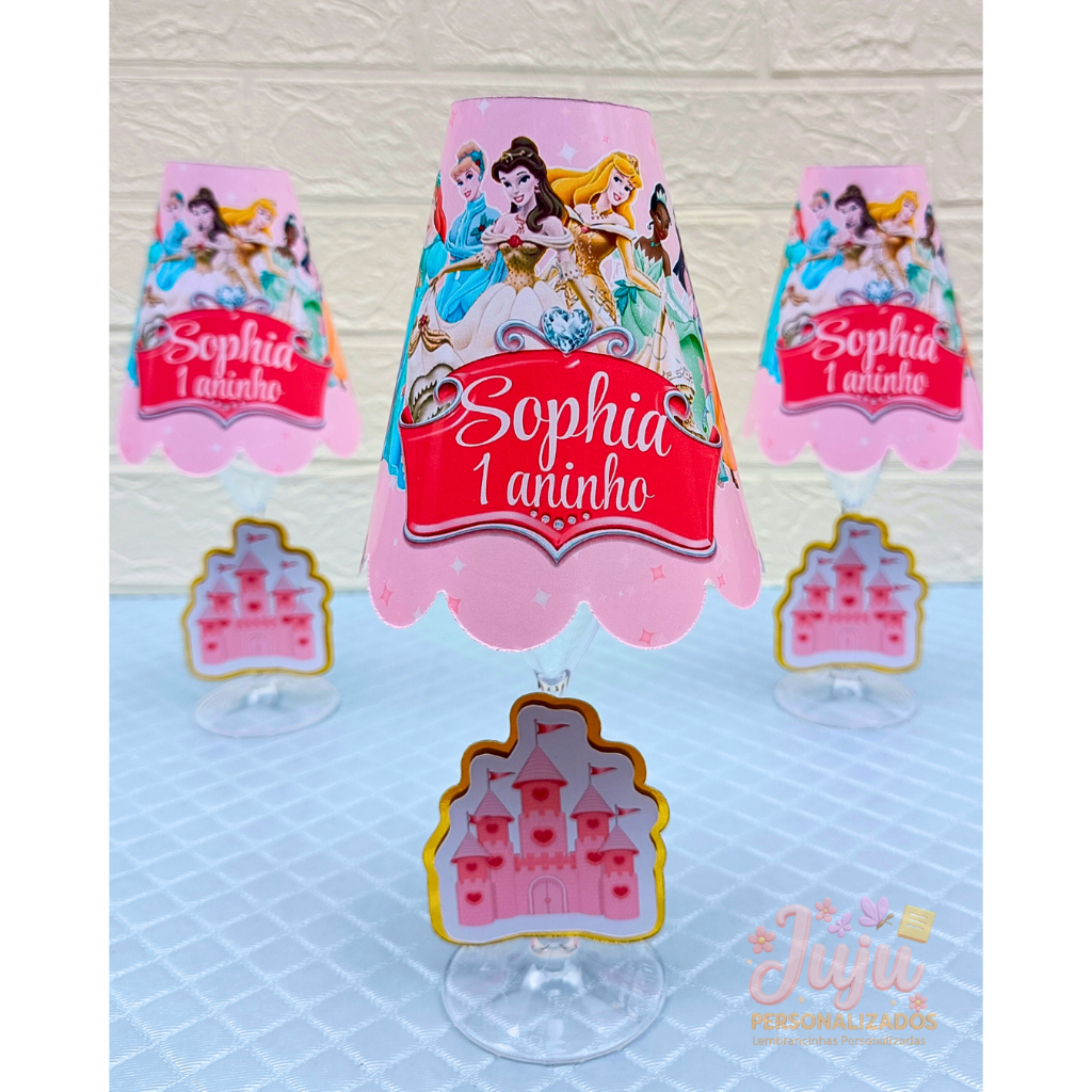 Centro de Mesa Abajur Personalizado com Led Tema Princesas da Disney - Lembrancinha Personalizada para festa