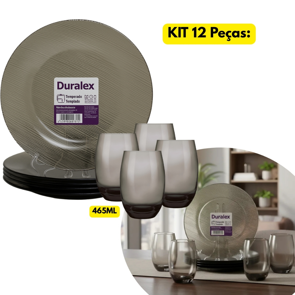 Jogo Kit 12 Peças 06 Pratos Fundo Vidro Duralex Fumê Diamante + 06 Copos Grande 465ML Aruba Cinza
