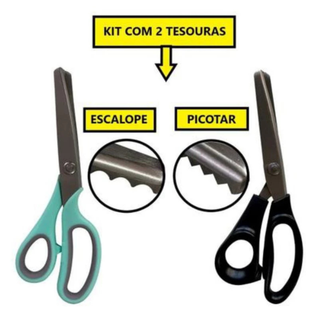 Kit 2 Tesouras Picotar Escalope e Zig Zag Profissional Corte Costura Artesanato - Lanmax