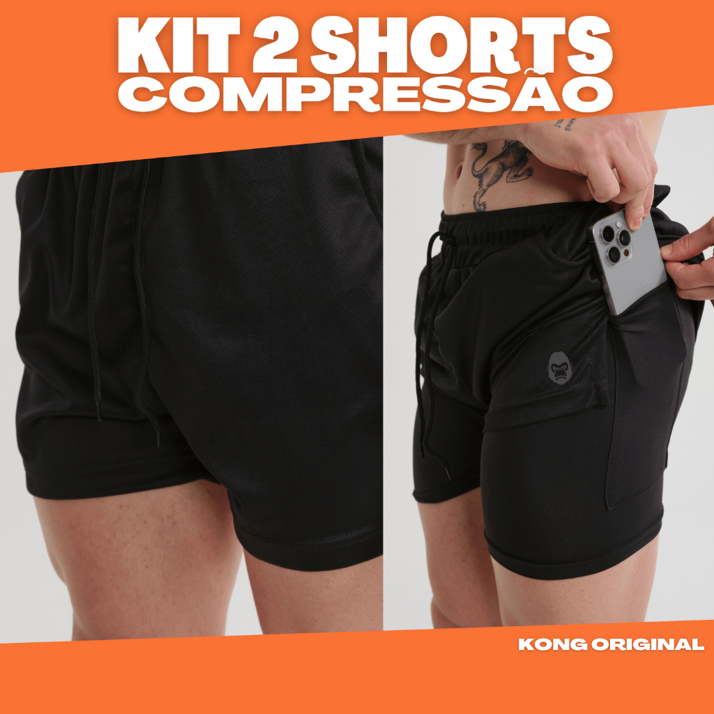 Kit 2 Bermudas Kong 2 em 1 Sports Para Academia Masculina