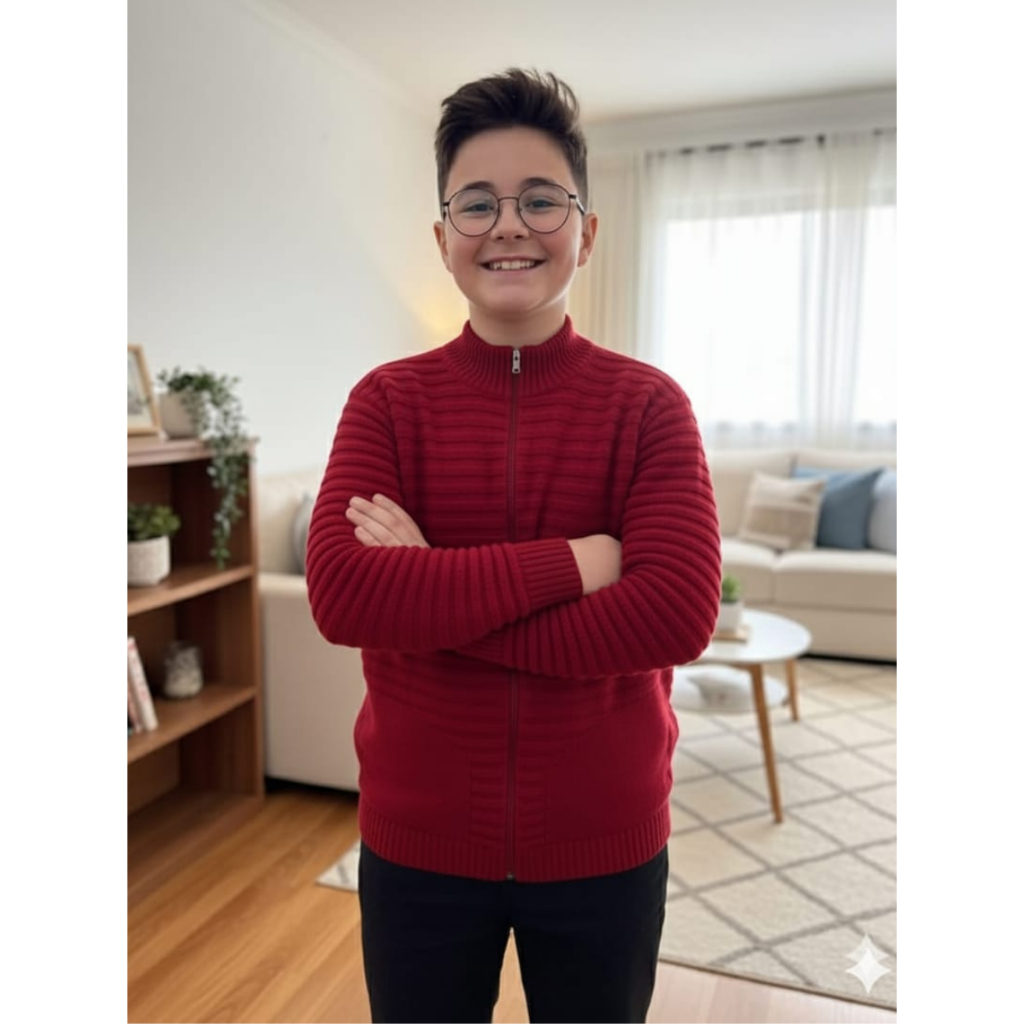 Blusa de Frio Tricot Jaqueta Suéter Masculino Zíper e Bolso Infanto-Juvenil