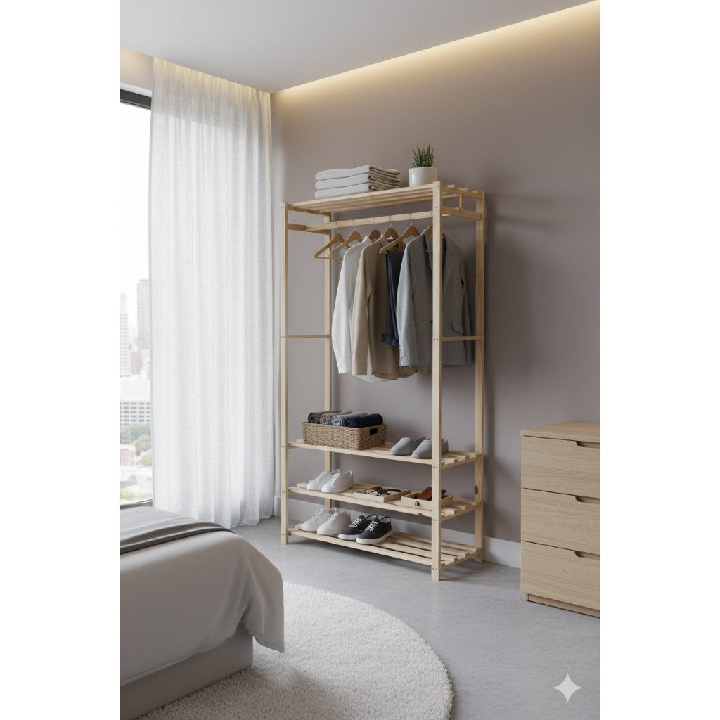 Arara Multiuso Madeira Pinus para Roupas e Sapatos