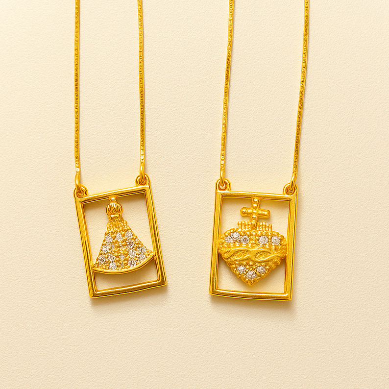 Escapulário Nossa Senhora Aparecida e Sagrado Coração de Jesus - Banhado a Ouro 18K