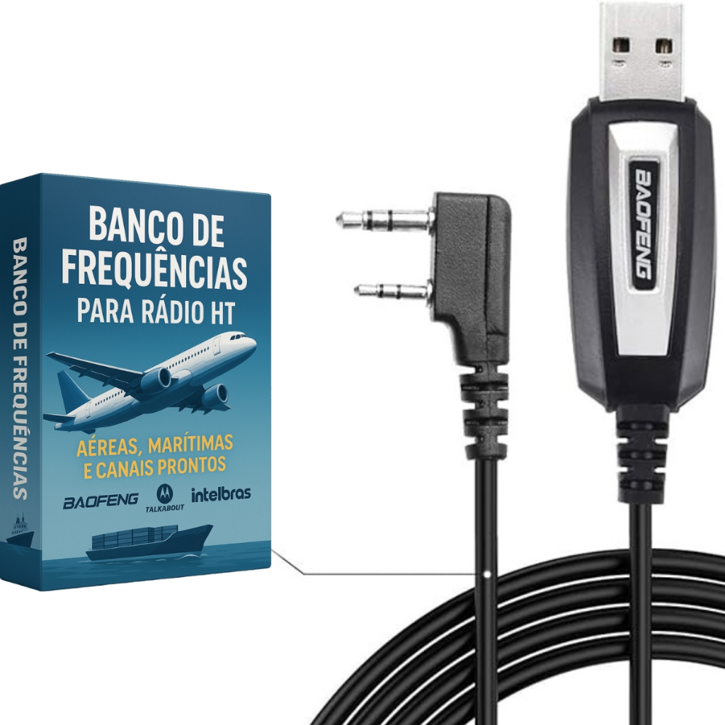 Cabo de Programação Baofeng Original + Banco Frequências Intelbras, Motorola, Marítimo e Aéreo