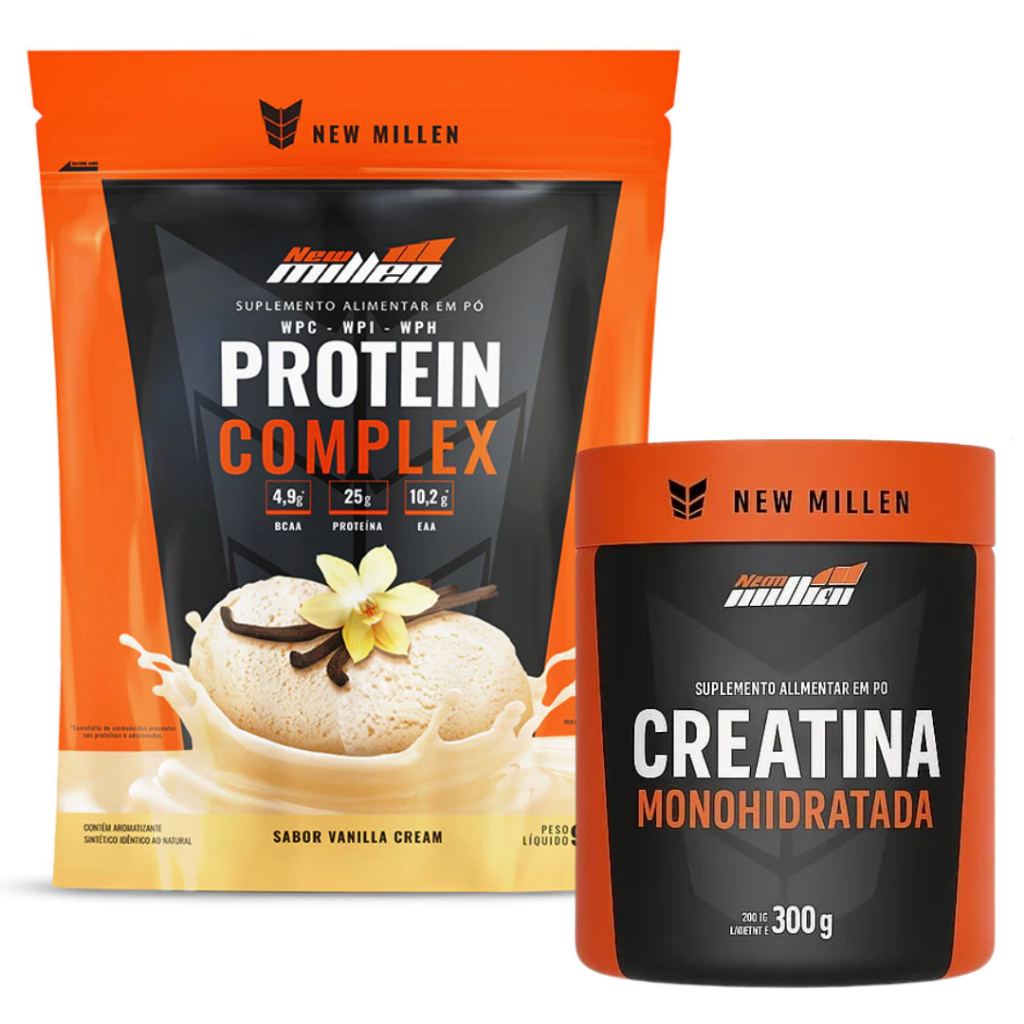 Kit Whey Protein Complex Refil 900g + Creatina Monohidratada Pura 300g - New Millen em Oferta na Shopee