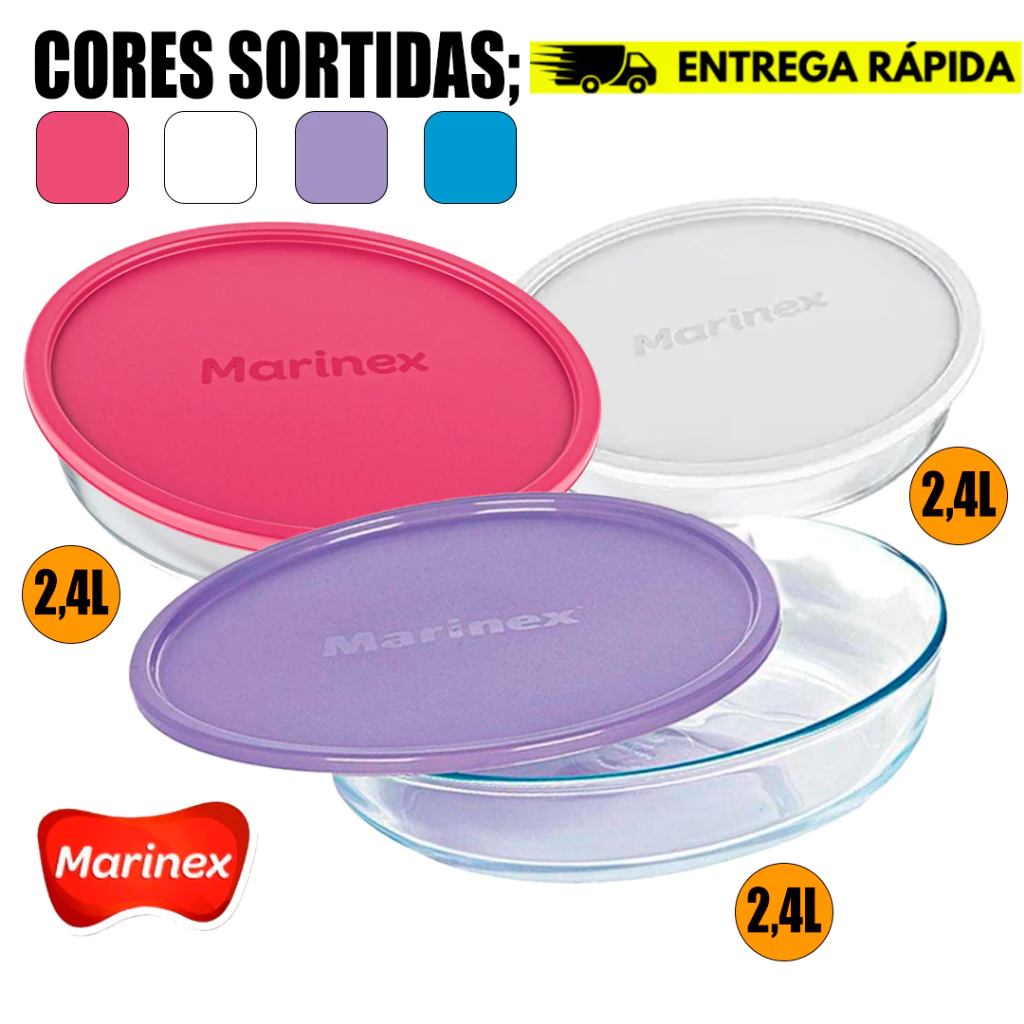 Kit Jogo de Assadeiras de Vidro Anti Risco 2,4L Marinex 02 Tigelas Redondas cTampa Colorida Receitas — imagem 1