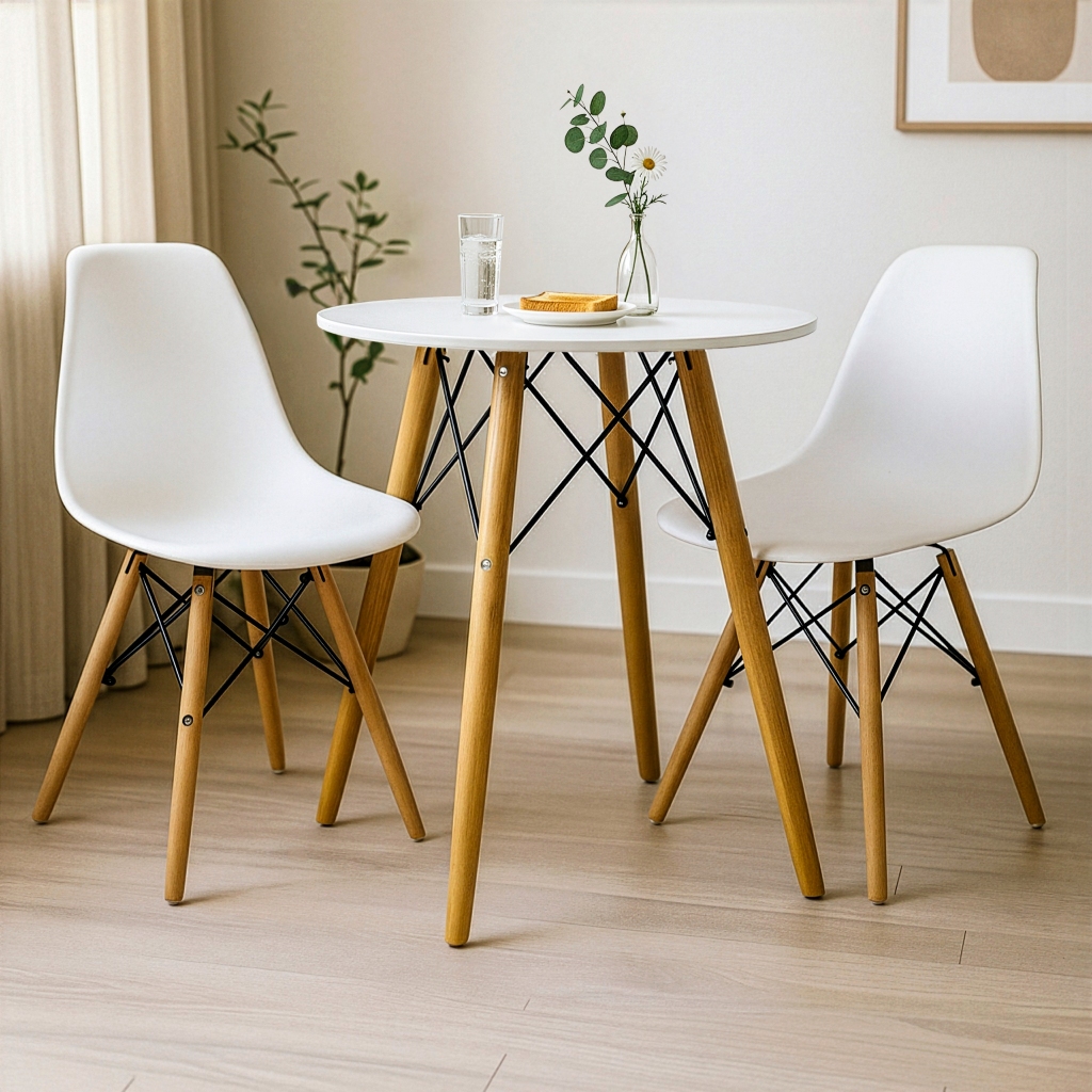 Mesa Eiffel Redonda Branca 60 Cm MDF + 2 Cadeira Eames Eiffel