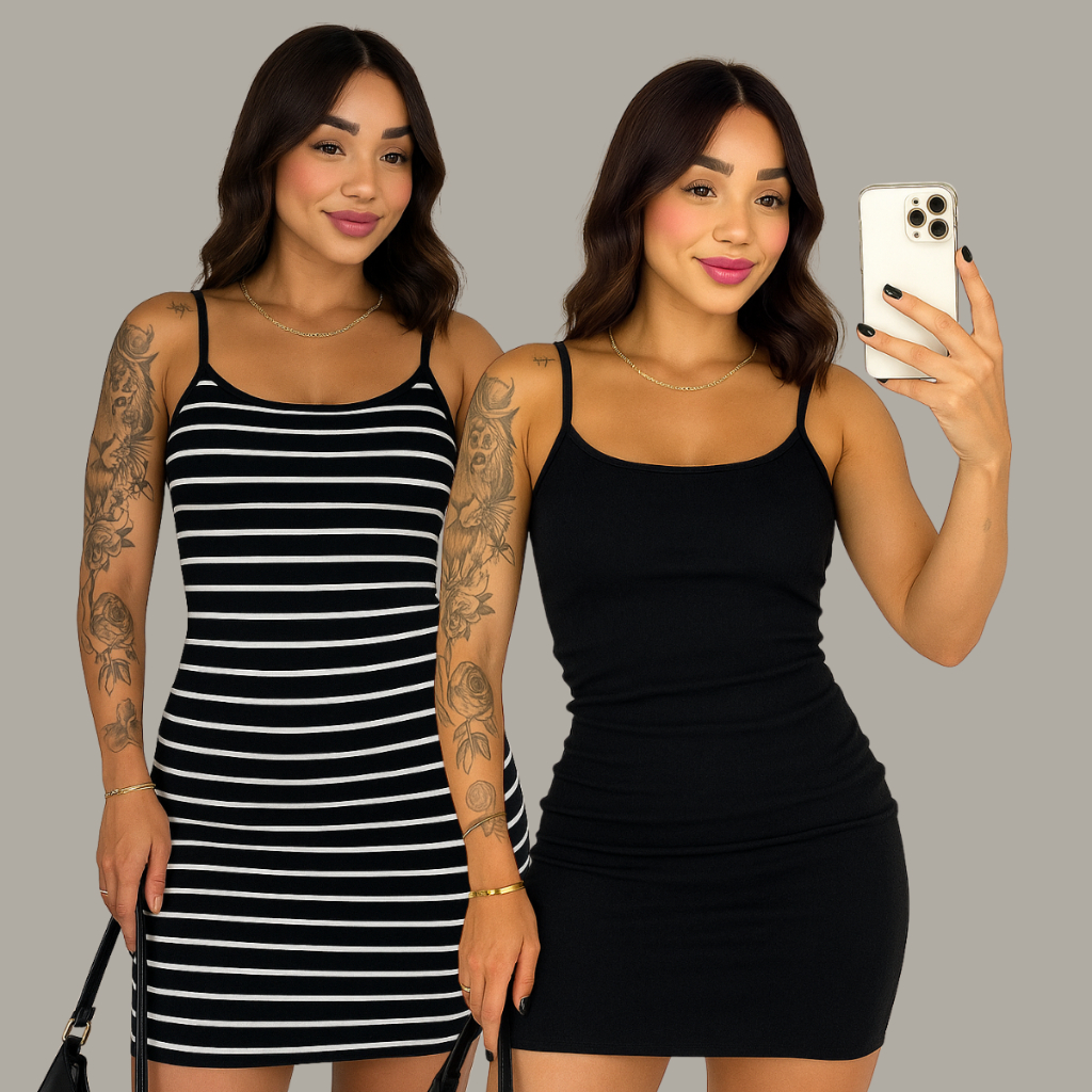 Kit 2 Vestido Canelado Tubinho Curto Alça Fina Moda Premium Verão Festas Feminino Vestido de Natal em Oferta na Shopee