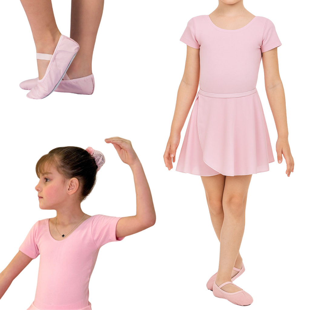 Kit 3 peças Ballet Jazz Roupa Collant Meia Manga, Saia transpassada e Sapatilha