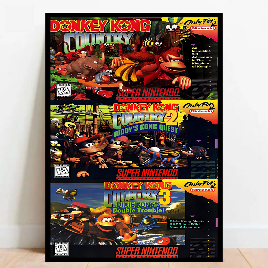 Quadro Decorativa Geek Gamer Donkey Kong Country Super Nintendo Snes 01 02 03