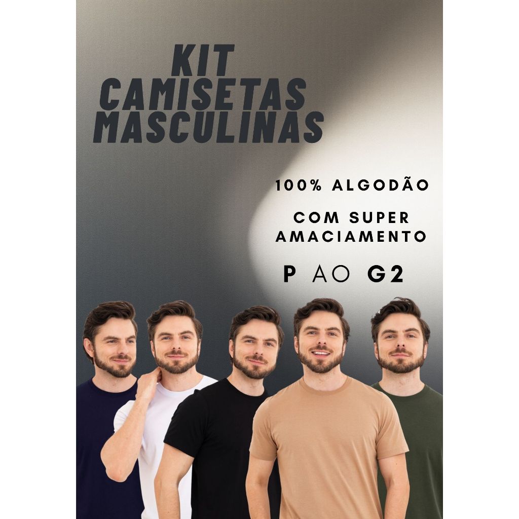 Kit 5 Camisetas Básicas Masculina 100% Algodão Fio 30/1 Penteado – Conforto Premium P ao G2