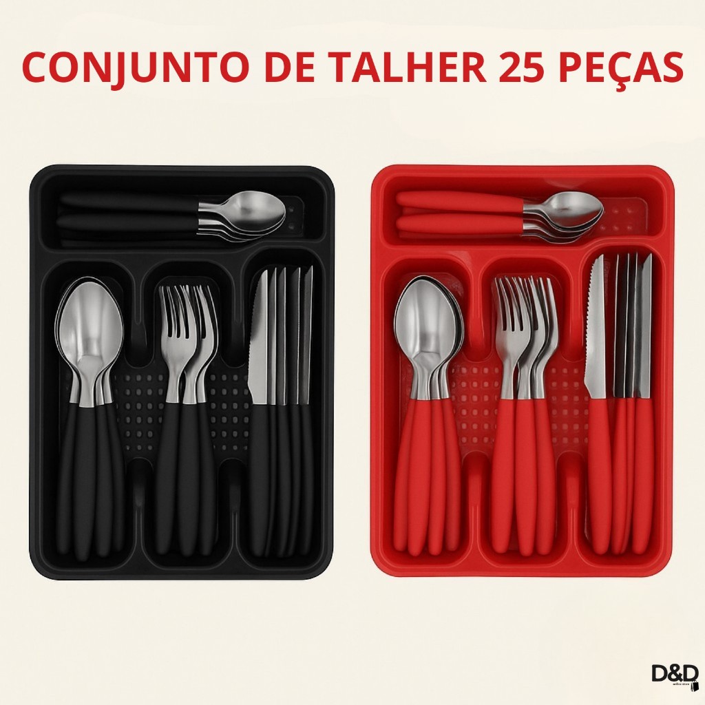 Jogo de Talheres Inox 25 Peças com Porta Talher Faqueiro Completo Cozinha Preto Vermelho resistentes