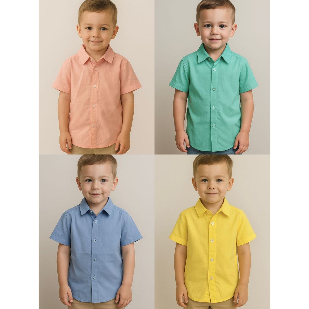 Camisa social menino infantil básica com botão manga curta viscolinho elegante verão casual