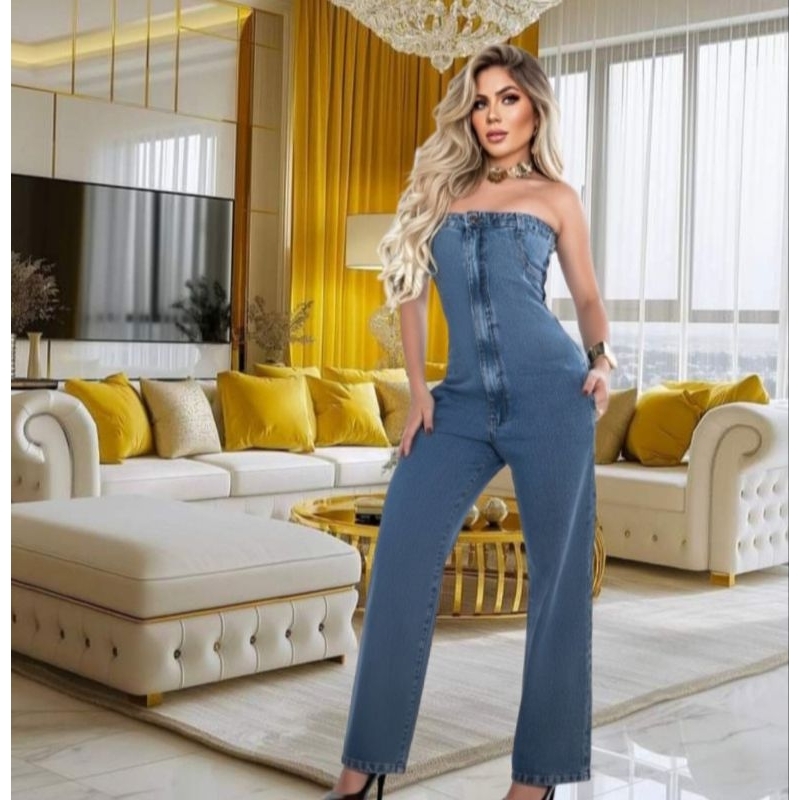 Macacão Tomara que Caia Jeans Feminino com Laycra Jardineira Jeans Feminina com Laycra Blogueira 42/44