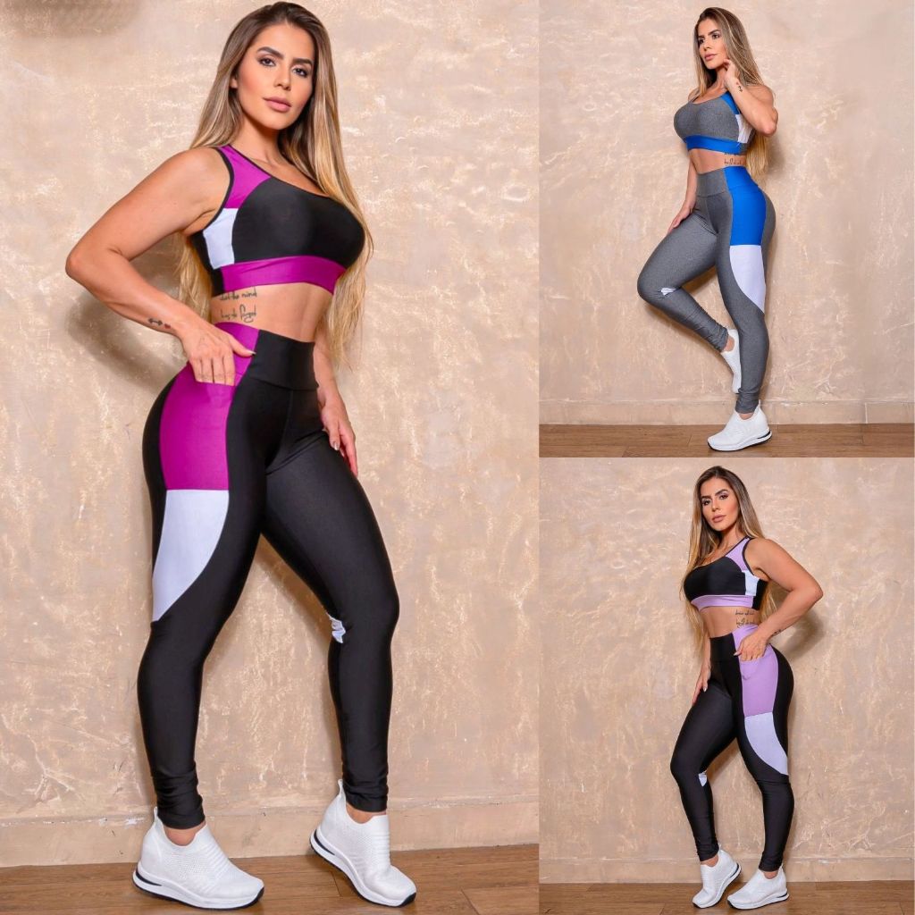 Conjunto Academia Feminino Suplex Calça Legging Recortes Cropped Nadador sem Bojo Oferta Presente