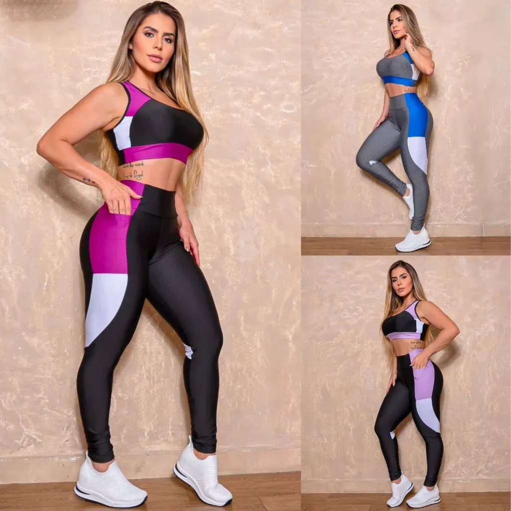 Conjunto Academia Feminino Suplex Calça Legging Recortes Cropped Nadador sem Bojo Oferta Presente — imagem 1