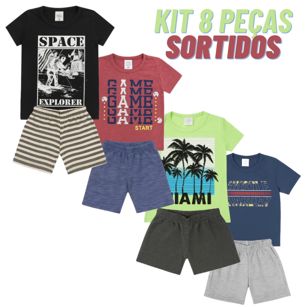 Kit 8 Peças Conjunto Infantil Masculino Menino Verão 4 camisetas e 4 Shorts 4 ao14