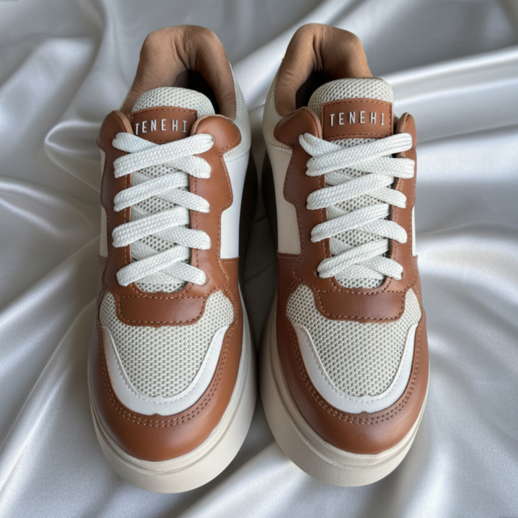 Tênis Sola Alta Bege Feminino Casual Plataforma com Detalhes em Nylon em Oferta na Shopee