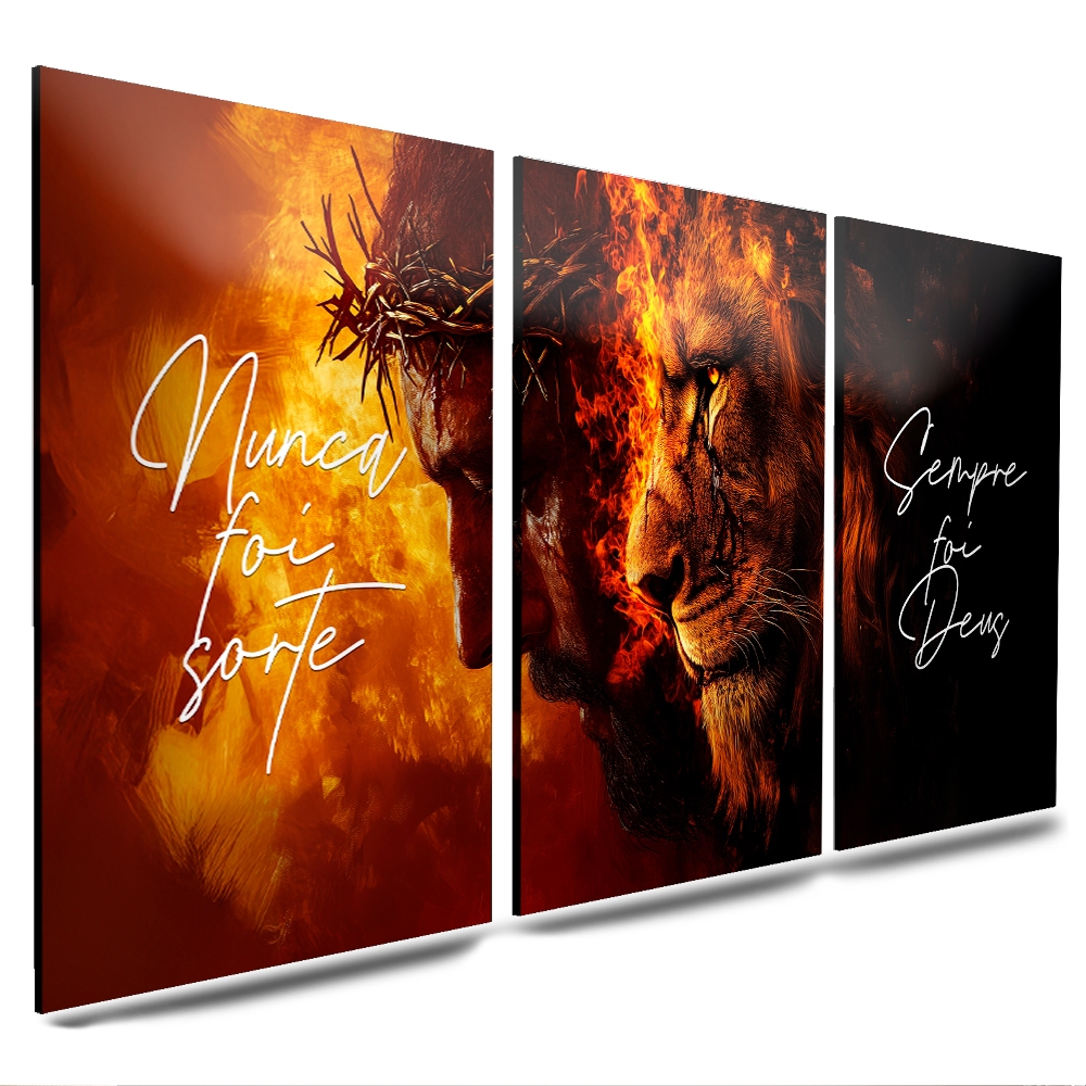 Quadro Decorativo 3 Peças Jesus e Leão | Nunca Foi Sorte Sempre Foi Deus | Tríptico Religioso Sala