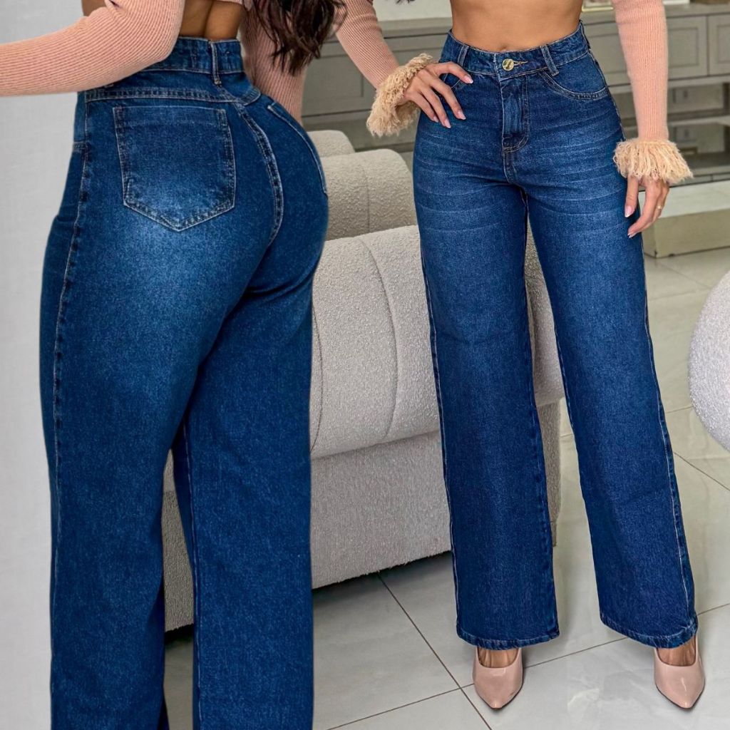 Calça Jeans Feminina Wide Leg 100% Algodão Bigode Marmorizada Cintura Alta Pantalona Linha Premium  Levanta Bumbum