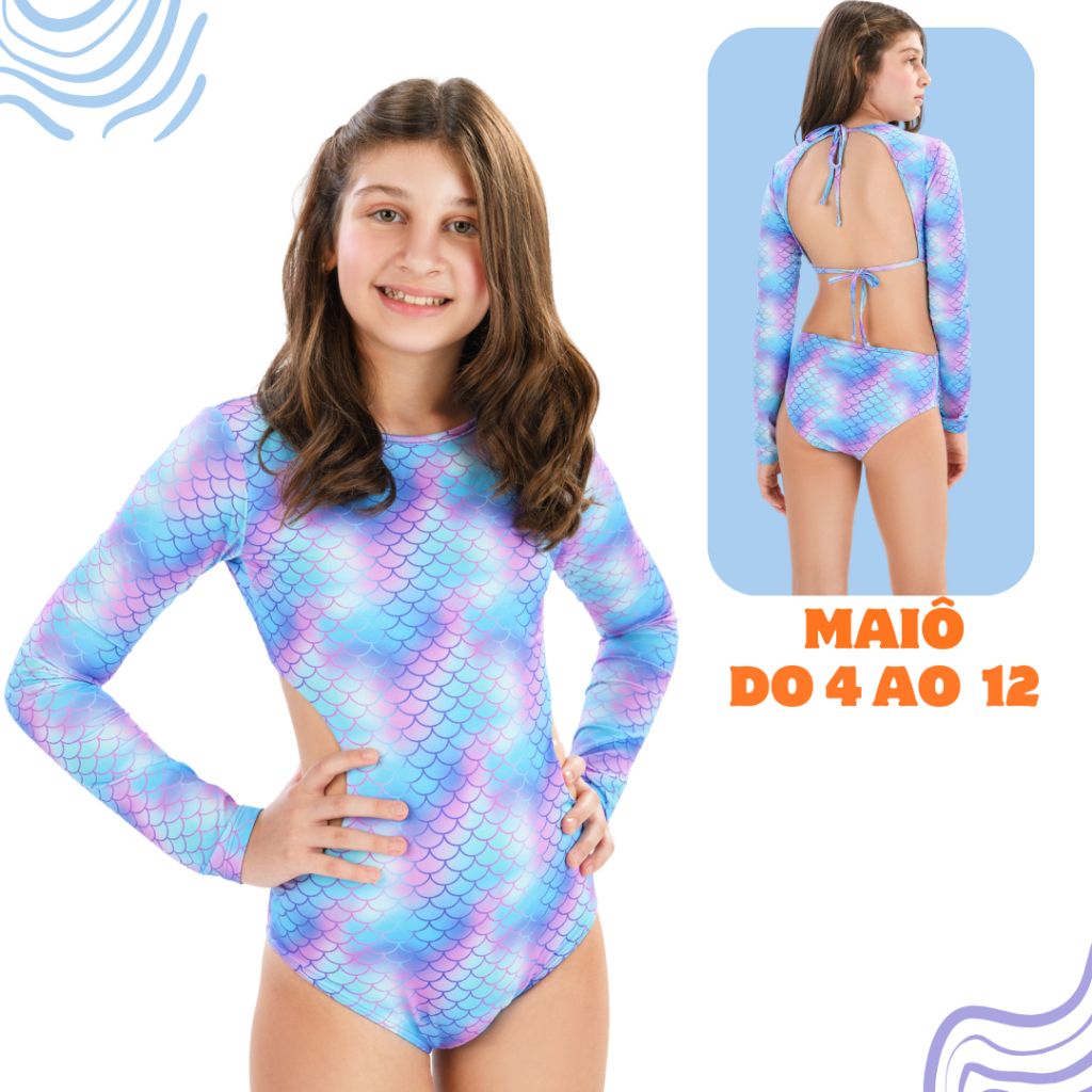 Maiô Natação Infantil Biquíni Manga longa Proteção Solar Uv Praia