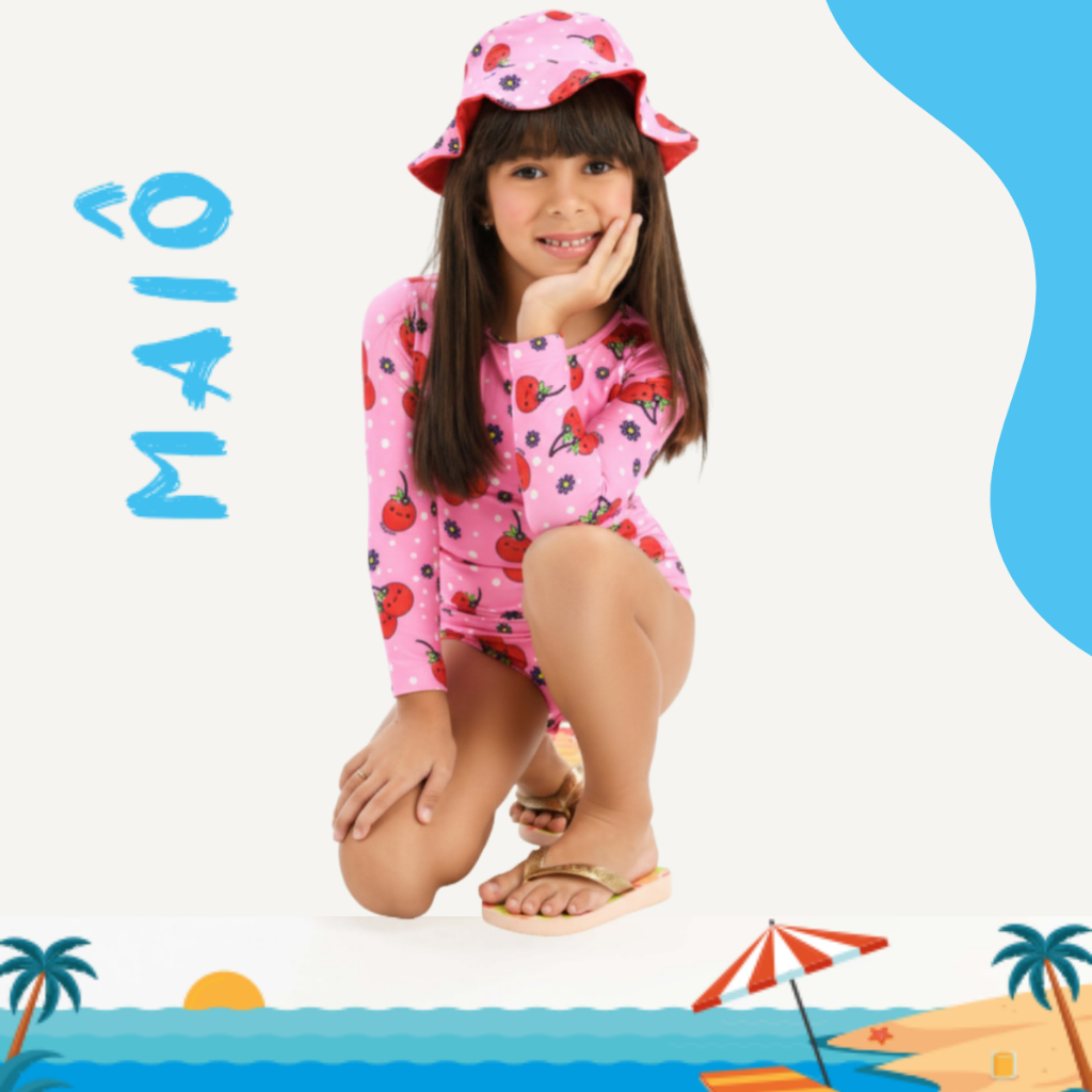 Conjunto Maiô Natação Infantil Biquíni Manga longa Proteção Solar Uv50 Chapéu Com Proteção UV50 Lote Body